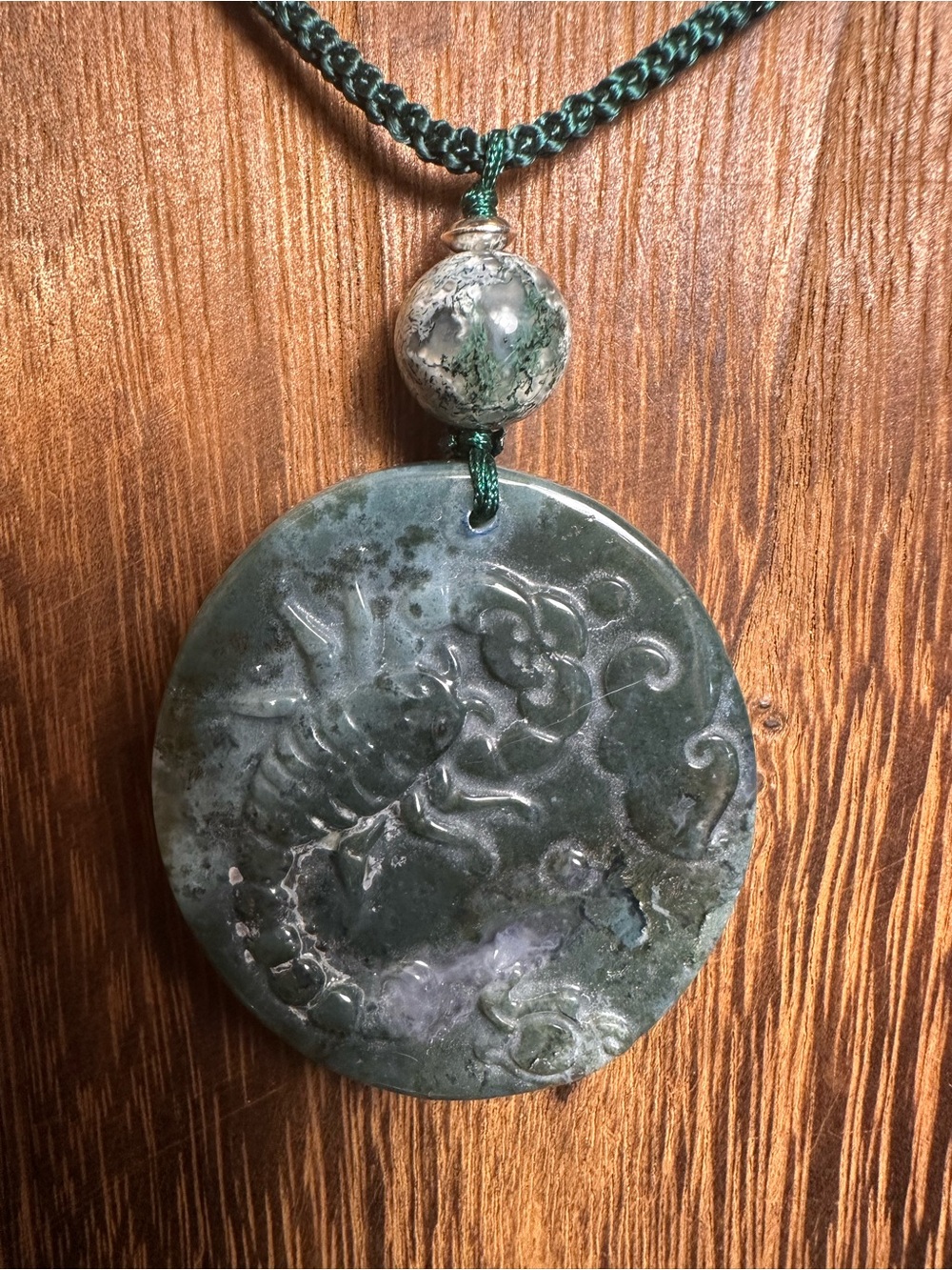 Moss Agate Scorpion Pendant Necklace on Green Rope - Picture 2 of 13